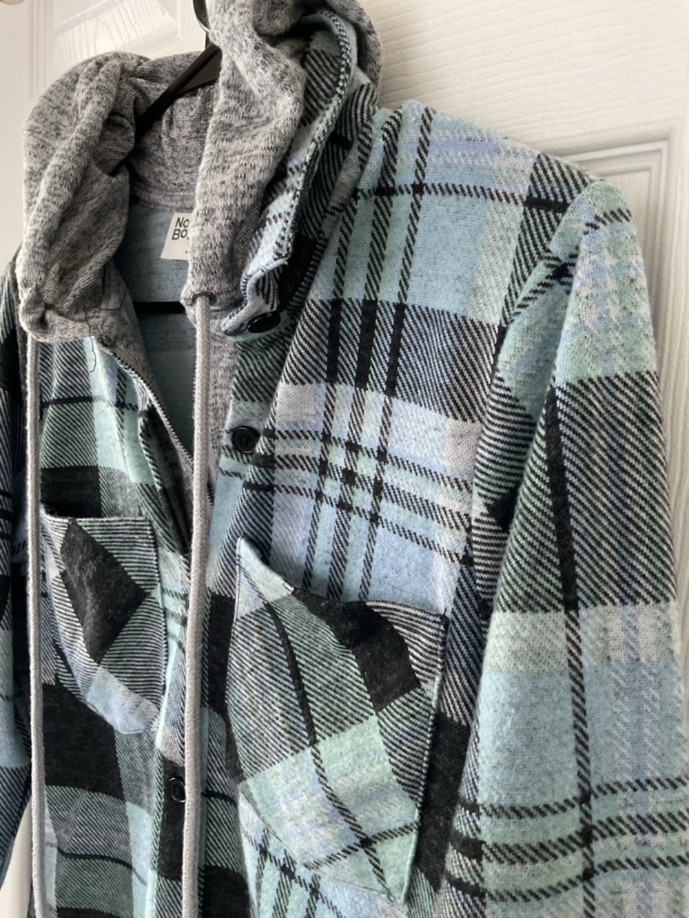 No Boundaries Plaid Hooded Jacket Shacket Blue Gray Women Large Cozy - Picture 4 of 10